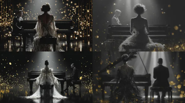 受20世纪20年代启发的卡巴莱场景，正面视角的电影构图，一位女子坐在大钢琴上，身着飘逸的爵士时代表演者风格的连衣裙，带有羽毛和珠饰，姿态优雅且具舞台感，钢琴师背对镜头坐在钢琴前，位于前景中心，身着经典燕尾服，轮廓鲜明，完全是这样的舞台布置和人物关系，以第二张参考图的视觉风格呈现：黑白电影色调搭配明亮的金色点缀，高对比度的黑色电影灯光，空中漂浮着香槟金色的散景粒子，戏剧性的聚光灯氛围，深邃的阴影，精致的装饰艺术优雅风格，水晶般的高光，电影景深效果，细腻的胶片颗粒，奢华的新年前夜氛围，永恒的优雅，编辑时尚摄影的真实感，垂直构图