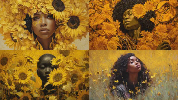 一个象征性的向日葵缪斯散发着温暖与永恒的活力，是博物馆级超写实绘画风格的油画，描绘从向日葵田野中浮现的充满活力的黑人女性形象，色调和谐为金色调且有微妙色调过渡，浓厚油画质感凸显温暖生命与活力，构图平衡且有强烈中心焦点，是适用于高档室内的优质当代艺术作品，无文字无水印