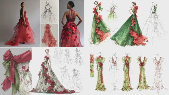 克劳德莫奈风格的晚礼服设计概念。该礼服采用雪纺和缎面混纺面料，带有圆形裁剪和褶边，主色调方案为红色和绿色蝴蝶结圣诞元素。下摆、肩带和蕾丝细节点缀红色。设计具有圣诞礼服的美学，包括展示流畅轮廓和优雅美学的详细草图，强调自然光影效果。使用尼康相机和工作室灯光的高清专业摄影