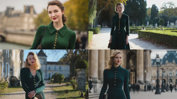 一位优雅年轻的欧洲女性，身着深森林绿色修身针织中长连衣裙，配有结构化翻领，正面有优雅的垂直镂空细节，点缀精致的金色纽扣，精细罗纹针织质地贴合身体，勾勒出腰臀曲线，长袖带有微妙的喇叭袖口，增添复古韵味，微微喇叭形a字裙摆垂至小腿中部，采用优质弹力针织面料，质感光滑精致，时尚永恒的设计，适合晚间活动、高档聚会以及精致的秋冬穿搭，脚穿高跟鞋，搭配时尚手拿包，在经典的户外环境中，沐浴柔和自然光拍摄