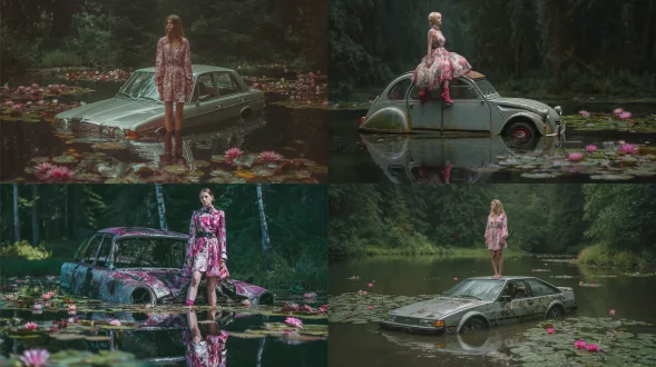 一位时尚模特站在一辆正在水中下沉的旧灰色汽车的车顶上。她穿着一件粉白相间的迷你连衣裙。场景中有一个长着百合花的池塘和深色的森林背景，采用超写实摄影拍摄
