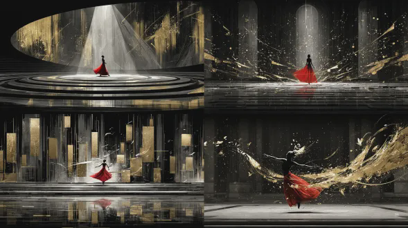 一个身着红色 lehenga 的女子正在跳舞，聚光灯打在她身上，身处一间黑暗的房间。场景采用闪光灯拍摄，营造出梦幻的打光效果。构图宏大，赋予图像奇幻艺术与电影般的质感，由 octane 渲染