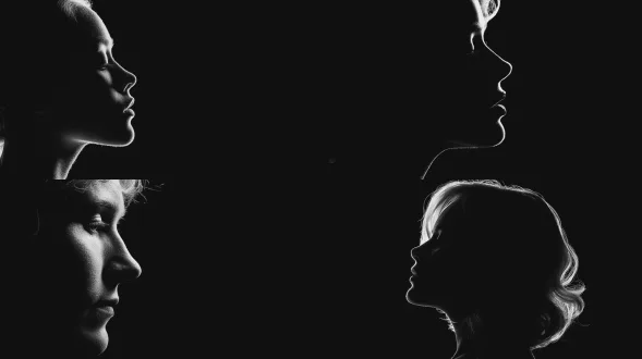 一幅极简主义高对比度黑白女性侧脸肖像，面部轮廓由背后锐利的轮廓光雕琢而成。使用 85mm f/1.8 镜头拍摄，纯黑背景，无中间调。超清晰 8k 分辨率，带细腻胶片颗粒感