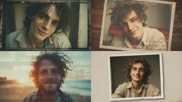 创建一幅带有宝丽来相框边缘、柔和褪色色调和自然光晕的肖像。描绘主角穿着休闲衬衫，头发凌乱，面带怀旧微笑。运用奶油质感胶片效果，采用柔和色彩，并添加手写风格的字幕叠加，以增强真实感。