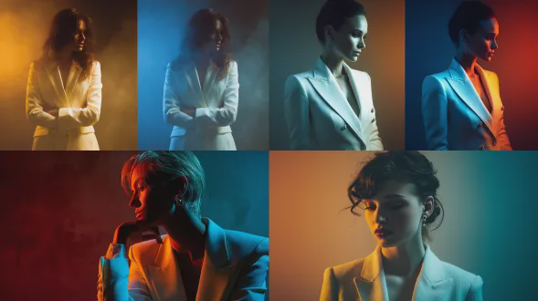 时尚编辑人像，女子身穿白色结构感西装，背景烟雾缭绕。戏剧性分割光：左侧暖橙色，右侧冷蓝色。高分辨率工作室拍摄，头发和配饰细节清晰，氛围忧郁。