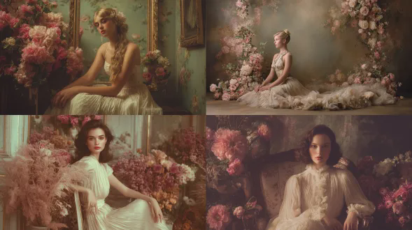 洛可可风格人像，女子身着象牙色褶皱礼服，坐在花卉装饰旁。柔和哑光光线，温暖低饱和色调，华丽室内背景。85mm 镜头，带有复古粉色调的绘画质感。