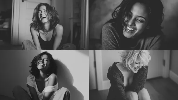 艺术黑白人像，女子开怀大笑，随意坐在地板上。柔和自然光，黑白处理突出头发质感和放松表情。使用 50mm 镜头，带有艺术感的颗粒效果。