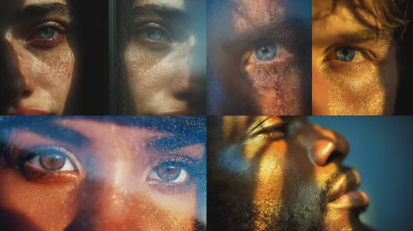 戏剧性的特写镜头，透过玻璃拍摄人脸，强烈的明暗对比光效，暖色调的黄金时刻高光与冷色调的蓝色阴影相映成趣。使用微距镜头捕捉肌肤纹理及天空倒影。添加胶片颗粒效果。