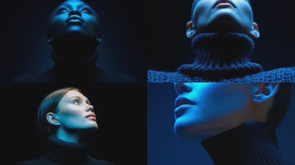 超写实低角度肖像，女子抬头，下方强烈的青色光线。黑色高领衫，纯黑背景。85mm f/1.4 镜头，皮肤质感锐利，无噪点