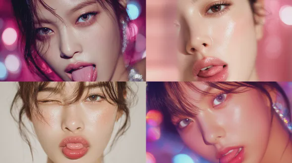 原始高保真 k-pop 特写，完美玻璃肌肤，水润妆容。柔光箱美颜灯，眼中清晰的高光。俏皮表情，舌头微露，工作室背景搭配柔和散景。