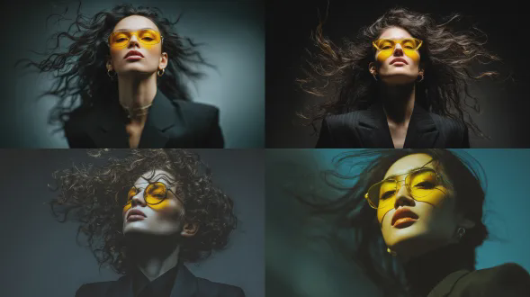 迷人女性肖像，黑色西装搭配黄色太阳镜，正面构图，头部微仰，发丝飘逸动感，电影灯光，凸显下颌线条与光泽双唇，工作室背景，柔焦效果，高对比度，暗色系，冷色调，广角镜头，侧逆光，眼神犀利，自信表情，时尚感，高定风格，精致妆容，金属质感，都市氛围，高级感。
