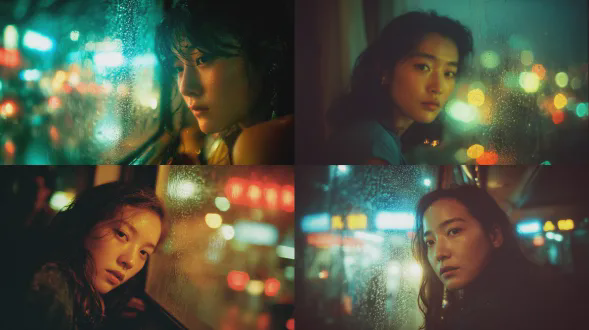 "二十岁女性倚靠雨窗，柔和漫射光映亮侧脸，内省表情，王家卫电影风格，蓝琥珀色调，35毫米胶片颗粒，浅景深，电影感肖像，雨滴滑落窗面，忧郁氛围，低饱和度，高光柔和，阴影细腻，眼神迷离，微微低头，长发轻拂，都市夜晚，霓虹反射，情绪化构图，经典电影镜头感"