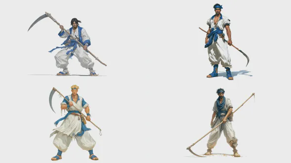 一幅命令阵营幻想风格的男性农民画面，农民是非常基础的地面单位，手持镰刀，农民应呈严格姿势且脸朝向镜头，展示全身包括腿和鞋子，无帽子或头盔所以头发可见，穿着白色亚麻制带皇家蓝色 accents 的服装，无任何盔甲，站立就绪呈动态动作姿势，写实风格，孤立于纯白色背景，工作室灯光，超精细，受鲍里斯瓦莱约和安德烈亚斯·罗查启发