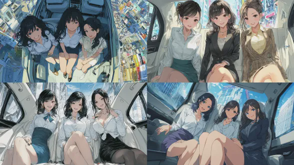 高质量的动漫插画，半写实动漫风格，干净的线条画搭配柔和的阴影，现代动漫美学，垂直构图，清晰的俯视视角，全身可见，三位美丽的黑发日本办公室女郎，都温暖自然地微笑，每人穿着不同的办公装（不搭配），迷你裙和高跟鞋，优雅放松的姿势，友好精致的氛围，坐在豪华轿车的后座上，豪华轿车内部以动漫风格绘制，透过窗户隐约可见东京城市街道，明亮的白天光线，生动且自然的色彩，动漫时尚杂志插画，精致优雅的外观