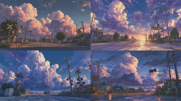 一条昏昏欲睡的美国郊区街道，带有一个铁路道口，黄金时刻的光线 transitioning 到暮光，超写实动漫风格，呈现出新海诚电影《你的名字》（kimi no na wa）的风格，有镜头光晕，体积光，天空中有巨大的积雨云，呈现鲜艳的深蓝色和紫色，细节丰富的电线和交通信号灯，闪亮的潮湿路面，情感氛围，电影构图