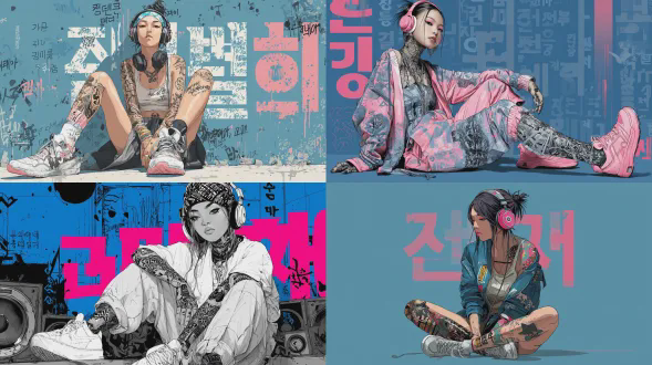 黑白插画搭配粉色元素，一位穿着街头风格服饰、戴着大耳机坐在地板上的韩国女性全身像，带有黑色设计的腿袖纹身，涂鸦艺术，高度细节，蓝色背景带有韩文符号