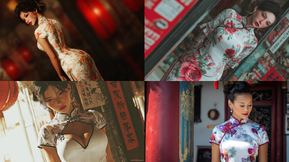 身着白色旗袍的中国美女，丝绸面料，立领，中式盘扣，下摆开衩，新中式风格，唐人街背景，美丽大方，完美身材，高清细节