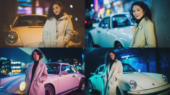 时尚日本女子侧身靠白色经典911，双手插大衣口袋，自信微笑，精致妆容，微卷黑发，城市霓虹背景，特写镜头，浅景深，电影质感，冷色调，侧光，柔和阴影，高对比度，金属光泽，都市氛围，动感与优雅结合。