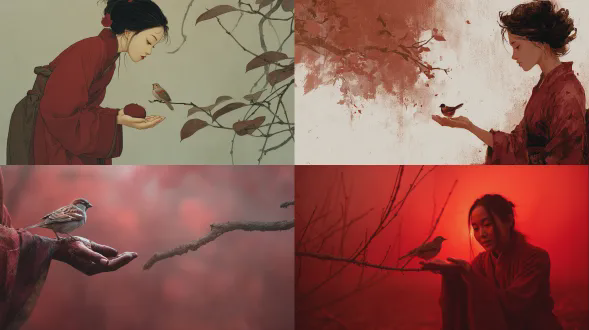 一位日本女性轻柔地伸出手，温暖的深红色薄雾，温和的情感修复，无文字，一只麻雀从树枝上低头看