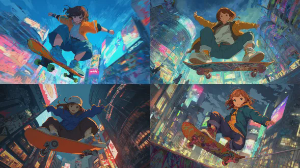 动漫滑板女孩，8岁棕色直发无刘海，酷炫表情穿着街头风格服装，滑板腾空动作，柏林城市背景霓虹灯光，日本漫画风格，高饱和度色彩，动态线条，广角镜头，低角度拍摄，运动模糊效果，黄昏光线，未来感涂鸦，快乐自信的情绪