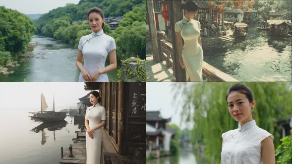 身着白色旗袍的二十岁左右江浙美女，身材高挑，丝绸面料，立领，中式盘扣，下摆开衩，新中式风格，西溪背景，美丽大方，完美身材，高清细节