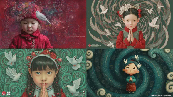 中国可爱小女孩正面，祈祷姿势，催眠漩涡风格，头上有富有想象力的圣诞和平白鸽元素，“愿世界和平圣诞快乐”。
