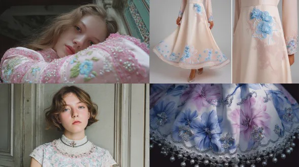 一名身穿连衣裙的17岁法国女生，秋冬法式复古极简风格，采用真丝缎和纯棉制成，是一款带有浅粉蓝色风铃草图案的复古艺术感连衣裙，配有法式刺绣和珠饰。装饰有珍珠、浅粉蓝色水晶珠、水晶、亮片和金属线，下摆及边缘为白色珍珠水晶材质。设计简约，带有镂空细节，构思新颖，气质优雅，富有艺术氛围，且色彩饱和度低。