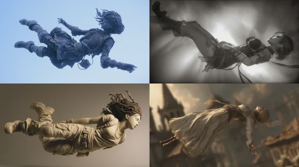 悬浮在半空中的女学生，身体无力地耷拉着，风格化角色，后末日氛围，由迪士尼和路易斯·罗约塑造，平滑抛光的定格动画黏土动画风格。路易斯·罗约（luis royo）