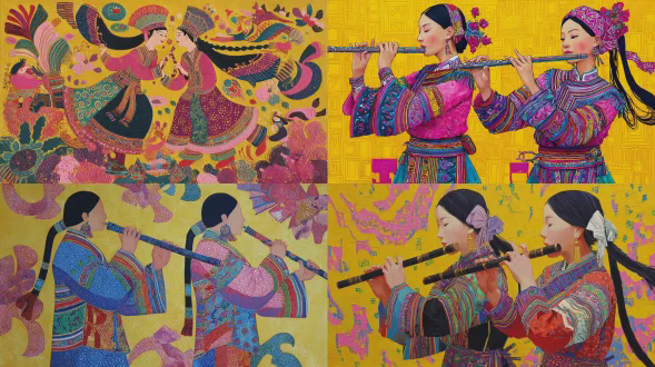一幅色彩斑斓的画作，描绘了两位女子在吹笛子，她们身着华丽的服饰，上面有带有中国传统图案的花纹。背景是黄色的，带有粉色的高光。画中人物留着长发，梳成辫子，穿着苗族风格的传统服饰。这幅画有着色彩丰富的线条和形状、夸张的动作、对称的构图、鲜艳的色彩以及欢快的氛围。