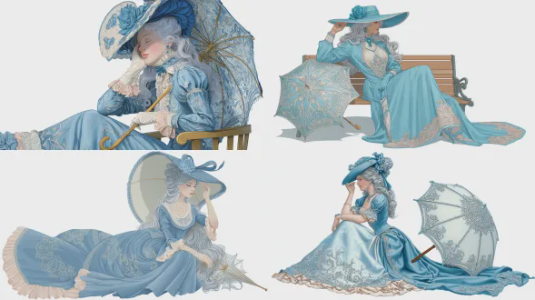全身优雅的维多利亚时代女士，扁平化插画风格，线条清晰利落（无阴影），具有鲜明的西方面容特征（深邃的眼窝、轮廓分明的鼻子和嘴唇，干净的哑光线条画），正常的暖色调肤色。身着及地的天蓝色长裙，裙上有银色刺绣的巴洛克图案和浅粉色蕾丝饰边。她坐在一张质朴的木制长凳上，一只手托着头，另一只手轻轻拿着一把闭合的、蓝白相间的蕾丝遮阳伞，伞柄是雕花木质的。头上戴着一顶宽边帽子，帽子上有一条飘逸的天蓝色缎带和一朵小蓝花。她那波浪状的灰蓝色头发轻柔地垂在肩头。佩戴着精致的银色和珍珠母贝巴洛克风格首饰。背景为纯净的白色。色彩搭配：天蓝色、银色、浅粉色、浅蓝色、珍珠母贝色。
