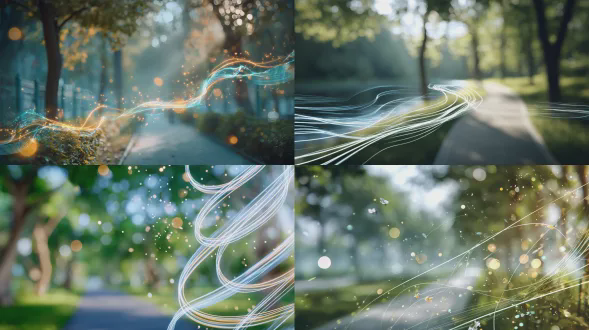 风格：发光霓虹线绘插画融入真实模糊照片，柔和电影散景背景，发光的白色和冰蓝色轮廓，柔和神奇的光芒，细微粒子，梦幻，情感化，舒适的冬季氛围，景深，电影灯光，超真实背景，暖光与夏日环境的对比。一幅夏日公园中新鲜绿色公园的真实模糊照片，柔和清晨夏日光线，一个25岁左右走开的发光白色和冰蓝色霓虹线绘女孩，穿着柔软衣物，有轻柔粒子环绕她，宁静、充满希望的冬季氛围，简约，诗意，电影感