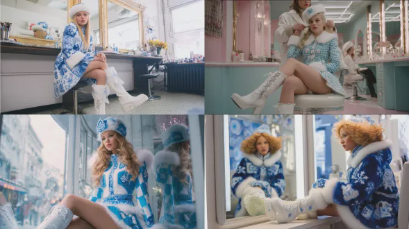 一位身着传统雪少女服饰的模特坐在美容院的镜子前。她穿着一件短款蓝白相间、镶有毛皮且饰有雪花图案的外套，搭配一顶配套的帽子和白色高筒冬靴。侧视图。美发女孩梳理着雪少女华丽的金发。画面生动、现代且带点异想天开，将节日的冬日魅力与日常生活相结合。风格为写实、高细节且生动，营造出有趣又稍显魔幻的氛围