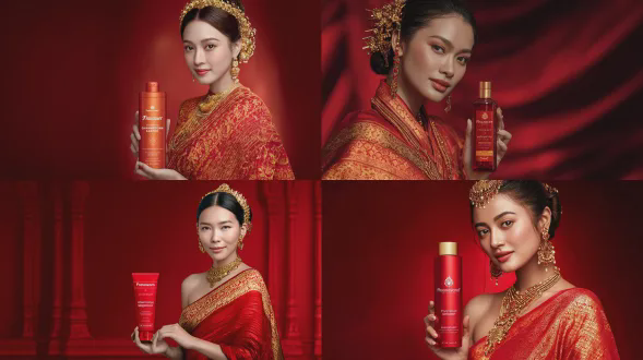 一位身着传统红金丝绸服饰的泰国女子，右手拿着新款“t - 可拆口罩”洗发水。背景是优雅的渐变红色调，吸引你关注细节，展现弗劳恩霍夫公司高品质的护发产品，她头上还配有漂亮的金色首饰
