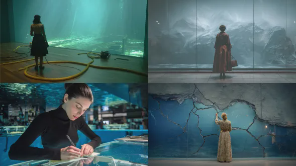 想象一位女性站在水下展览前，用一条管道胶带覆盖在玻璃的裂缝上进行修复，由安妮博维茨创作，风格类似欧亨尼奥·雷昆科