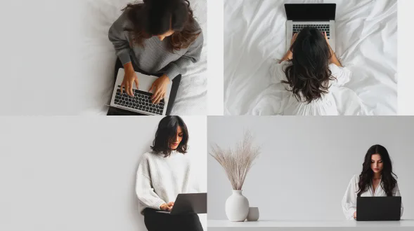 极简instagram个人品牌视觉，深棕色头发的黑发女子在使用笔记本电脑工作，背景简洁，有大的留白空间，呈现高端质感