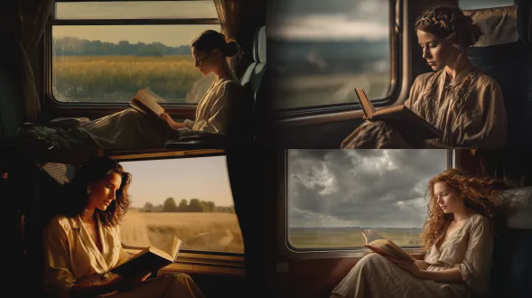 摄影杰作描绘了一位女子坐在火车上，读着书，身后有一扇打开的窗户，俯瞰着田野。这张照片用佳能eos r5拍摄，具有电影质感的光线。她穿着米色睡衣。外面是傍晚。它是逼真的、超逼真的、摄影作品，高细节、复杂细节、超细节、8k、清晰对焦、专业摄影