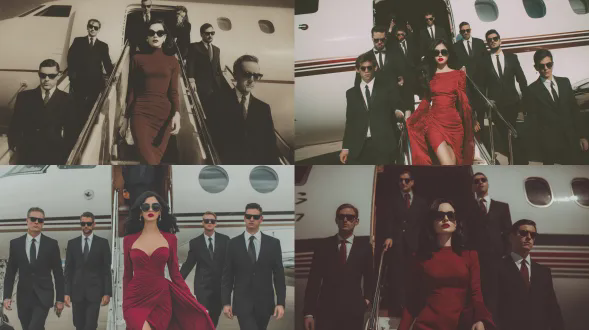 一架私人喷气式飞机，几个身穿黑色西装、戴着墨镜的男子围绕着一位穿着酒红色紧身连衣裙的美丽女子。她留着深色长发，涂着红色口红，正从飞机上走下楼梯来到停机坪上。这是一张高质量的照片