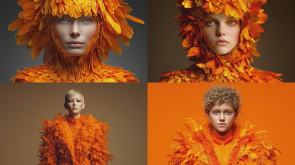 全身的时尚摄影，一位女性模特穿着完全由橙色羽毛制成的超现代西装，高级定制，类似川久保玲、渡边淳弥风格，色调统一的背景，精致的面部细节，3000万像素，8k，85毫米镜头，清晰对焦，细节错综复杂，长曝光时间，f/8，iso 100，快门速度1/125，漫射背光，获奖照片，面向镜头，直视镜头，单色视觉，《elle》杂志风格，小反光点，低对比度，高锐度，面部对称，景深，超详细摄影