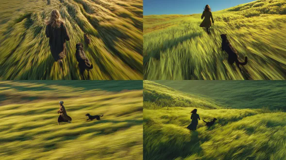 一片被风吹拂的田野，有着充满生机的绿草，极高的对比度和饱和色彩，在金色阳光下熠熠生辉；一位身着羊毛衣物、穿着休闲装的女子，在田野中跑上斜坡；她身旁有一只猫和一只黑色拉布拉多犬；只有草的动态模糊跟随风的方向；电影化构图；动态运动；超写实摄影；充满活力且戏剧性的氛围