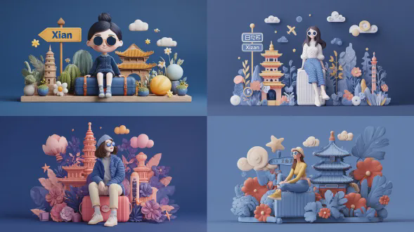 一个戴墨镜的时尚女孩坐在行李箱上，身后是微缩的【西安】地标【兵马俑、大雁塔】，旁边有【“西安”】指路牌，周围生长着植物和花朵，点缀卡通星星、云朵和拟人化花朵，采用3d卡通风格，深蓝色背景，正视图，多巴胺色彩搭配，青春活力，oc渲染，光线追踪，8k高清。