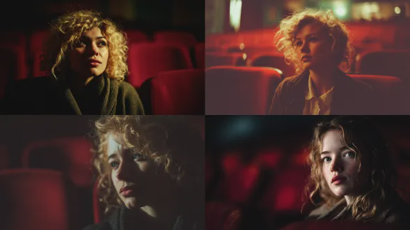 一个有着卷发的金发女孩坐在电影院里，脆弱且神秘，昏暗光线，电影银幕反射在她脸上，古典油画风格，柔焦镜头，低饱和度，深红色座椅，阴影交错，忧郁表情，侧光，35mm胶片质感，细腻皮肤纹理，微微低头，眼神深邃