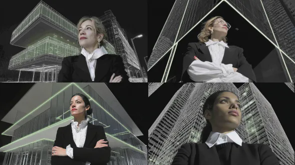 穿着西装和衬衫的职业女性站在城市街道上的办公楼前，低角度视角。这位职业女性抬头望着天空。电影质感打光。adobe stock照片风格，采用佳能eos r5相机风格