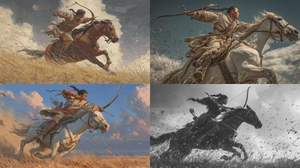 9世纪匈牙利征服时期的匈牙利骑兵弓箭手正在表演回马箭（帕提亚射法），这位骑在马上的游牧战士全速奔驰，在马鞍上扭转身体，用反曲复合弓向身后射箭，他身着带有刺绣细节的飘逸毛皮和皮革衣物，头发编成辫子并梳成发髻，身下的马肌肉紧绷、正在运动，欧亚草原上尘土和草屑飞扬，画面充满极致的动态感，采用低角度电影视角，展现出速度与精准感，天空富有戏剧性，整体风格兼具漫威漫画式的写实感、图像小说的美学特点，光影大胆且对比强烈，纹理极其细致
