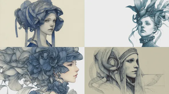 一幅蓝色铅笔素描，描绘了一位年轻女子，头戴精致的维多利亚式头饰，饰有飘逸的丝带。作品采用超现实主义怪诞风格，融合了细致的水墨渲染技法，呈现出奇幻的角色设计、超现实的构图，以及极致逼真的超精细细节。画面以暗白与浅灰的幻想艺术色调呈现，人物面部特征夸张，颈部修长，背景为纯白色。