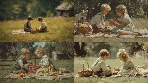 两个小孩坐在草地上的方格野餐毯上，从篮子里分享食物，一幅19世纪美国现实主义风格的田园画，数字绘画模仿油画或水彩的柔和质感，使用橄榄绿、赭黄色和灰白色的自然、怀旧、土色调色板，描绘穿着复古服装的孩子在阳光明媚的夏日午后进行活动，背景有乡村木屋和茂密的树林，整体氛围纯真、宁静且富有诗意