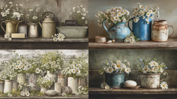 乡村风格的水罐和锡罐，搭配野花、雏菊和白色花朵，旧肥皂，复古破旧别致的浴室水槽，高分辨率的数字绘画，高度细节化，复杂细节，破旧背景，柔和色彩，中性色调色板，乡村农舍风格，复古风格，船板木，以及破旧纹理