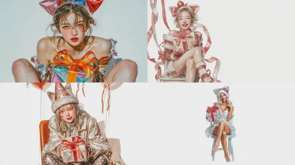 奇幻卡通风格，超写实新年快乐女孩坐在椅子上，乱发，闪亮猫耳帽，手捧蝴蝶结包装的新年礼物，开心笑容，水彩极精细，闪亮装饰带轻轻垂下，纯白背景，无圣诞帽，柔和散射光，特写镜头，高饱和度色彩，温暖欢快氛围，细节丰富，童话质感