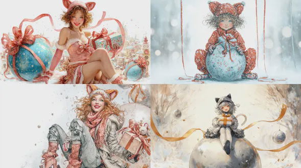 "奇幻卡通，超写实新年快乐女孩坐在装饰球上，雪景背景，凌乱头发，闪亮猫耳帽，手持蝴蝶结包裹的新年礼物，开心笑容，水彩超精细，闪亮装饰条轻轻垂下，白色背景，高光细节，柔焦，温暖色调，广角镜头，漫反射光，节日氛围，欢快情绪"