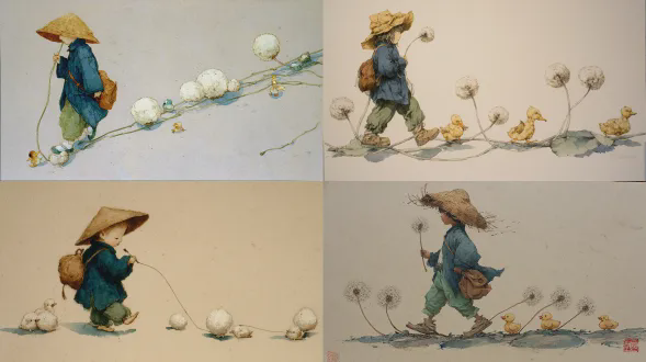钢笔淡彩水墨，对角线构图，一串蒲公英绒球像浮标组成小路，画面中心是戴超大草帽、穿深蓝外套与苔绿裤子的q版小孩，潦草线条、夸张比例，背棕色包，踮脚在绒球间保持平衡并吹着蒲公英茎，3只小鸭仰头追逐飘散的绒毛，灰黄色调极简大留白，无多余元素，淡彩像风的轨迹轻洗，粗颗粒、纸张肌理、粗钢笔线条