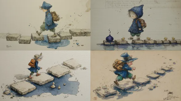 钢笔淡彩水墨，对角线构图，方形踏石像棋盘格漂在浅水渍上，画面中心是戴夸张“透明雨帽”（用线条暗示）、穿深蓝外套与绿裤子的q版小孩，潦草线条、背棕色背包，踮脚保持平衡，一滴雨点被画成夸张的大墨点，4只小鸭绕着墨点打转，灰黄色巨大留白，淡墨雨痕轻微流淌，粗颗粒、纸纹理、粗钢笔线条